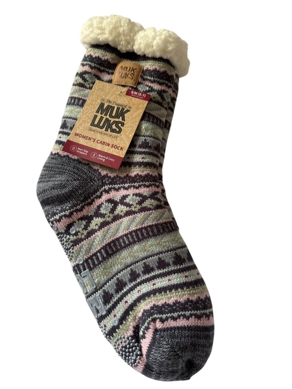 Muk Luks Womens Cabin Socks S/M Blue Multi With Non-Slip Grippers & Cozy Faux Fu
